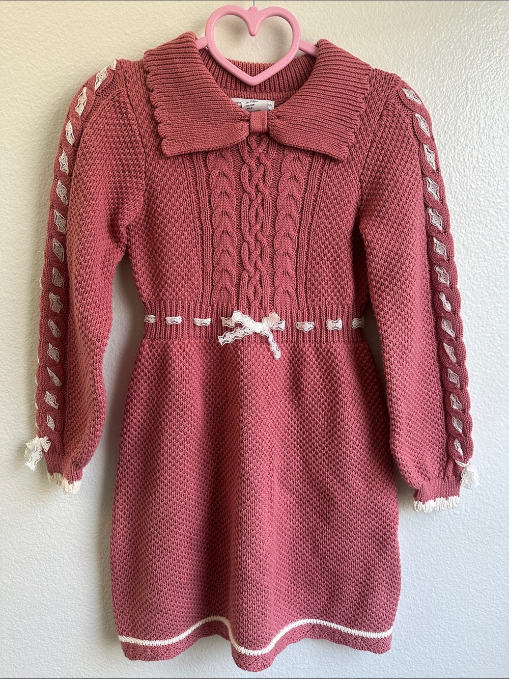 Girls cupcakes & cashmere Rose Pink Cable-Knit Dress with Lace Trim SZ Med 7/8